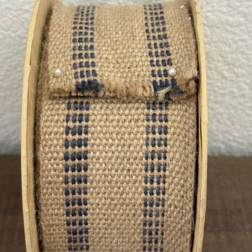 Jute Burlap Ribbon 3" x 10 Yds Natural Navy Blue Stripe Cottagecore Farmhouse